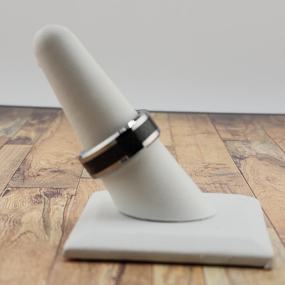 Mens Ring Silver 7MM Geometric Pattern Black Carbon Fiber Inlay Band Ring sz 12 - Picture 3 of 4